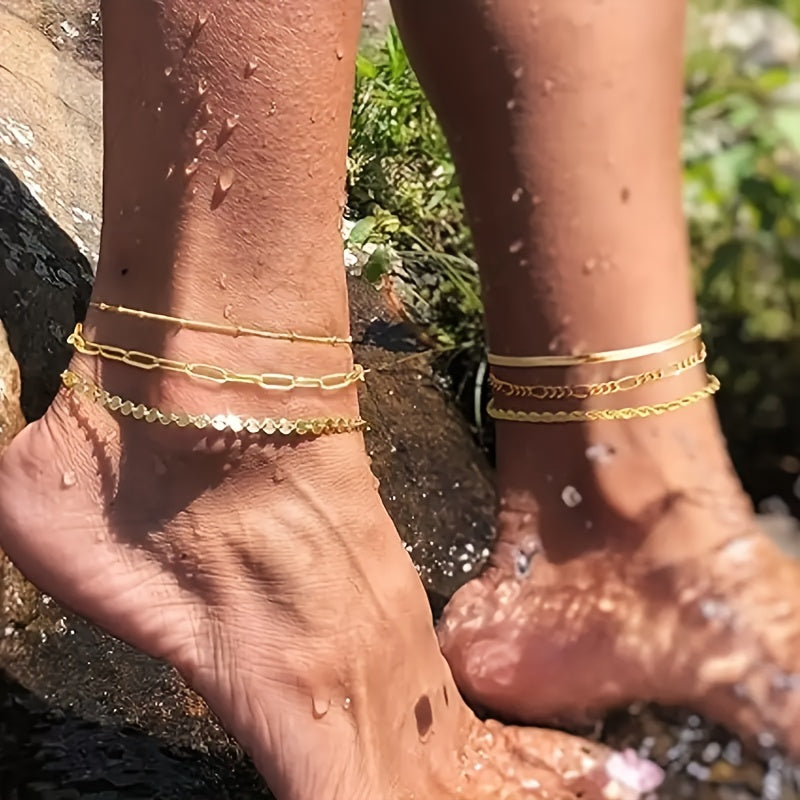 6-Piece 14K Gold-Plated Anklet Set for Women – Waterproof Layered Chains, Cuban, Herringbone & Rhinestone Accents – Summer Beach Jewelry Gift